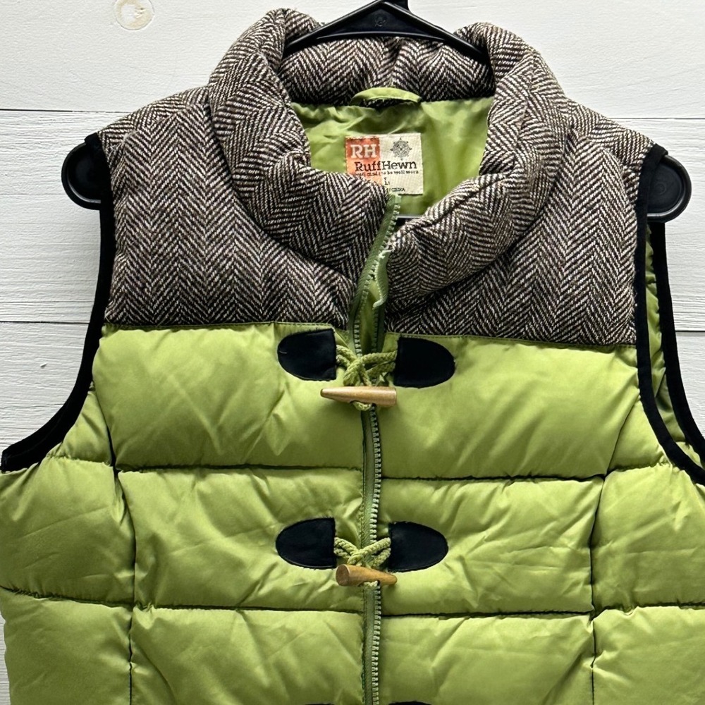 RuffHewn Puffer Vest Women Lrg Green Brown Toggle Wool Mix Excellent Herringbone